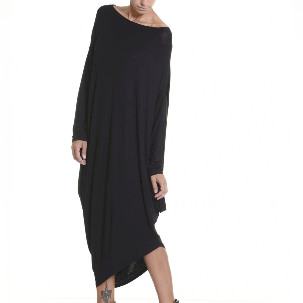 Aakasha Black Asymmetrical Long‎ Sleeve Lagenlook Viscose Blend Tunic Dress